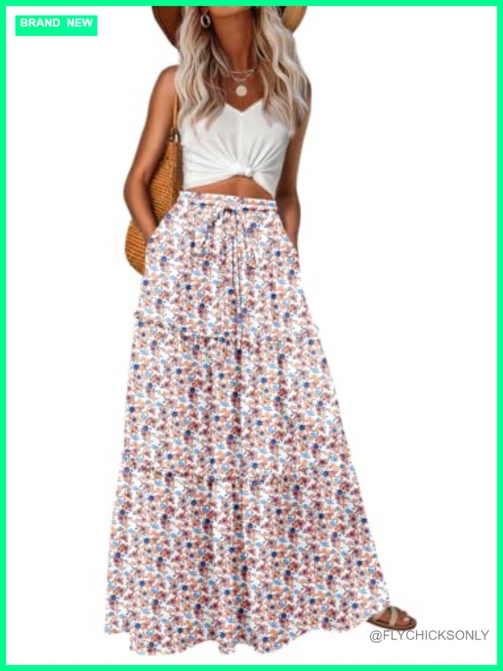 Women's High Waisted Tiered Floral Maxi Skirt with Pockets